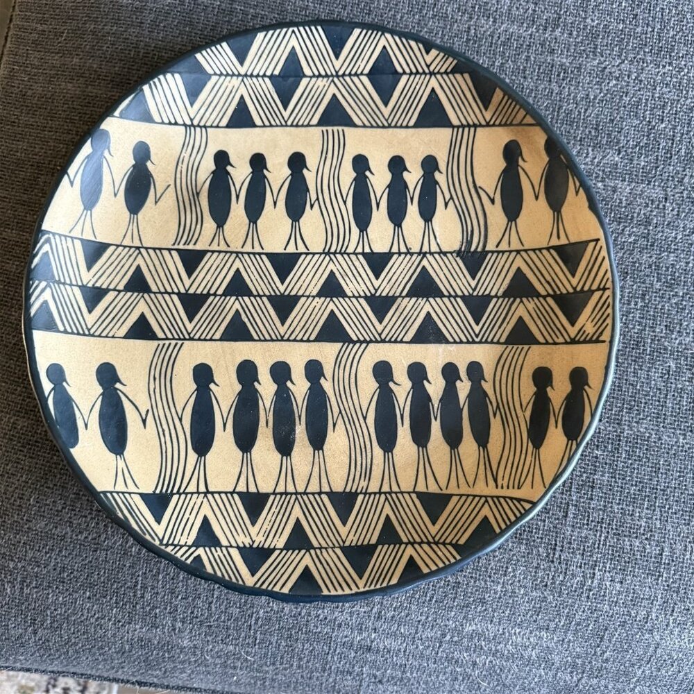Decorative Plate Clay Painted Birdman Black Tan Aboriginal Style